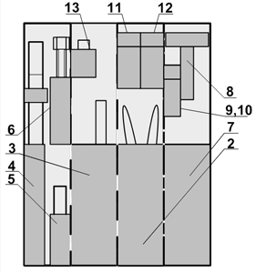 Схема раскладки инструмента в  сумке Комплекта инструментов ШН для обслуживания и ремонта стрелочной  гарнитуры